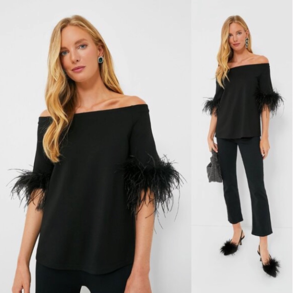 Tuckernuck Black Off-Shoulder Blouse with Feather Trim